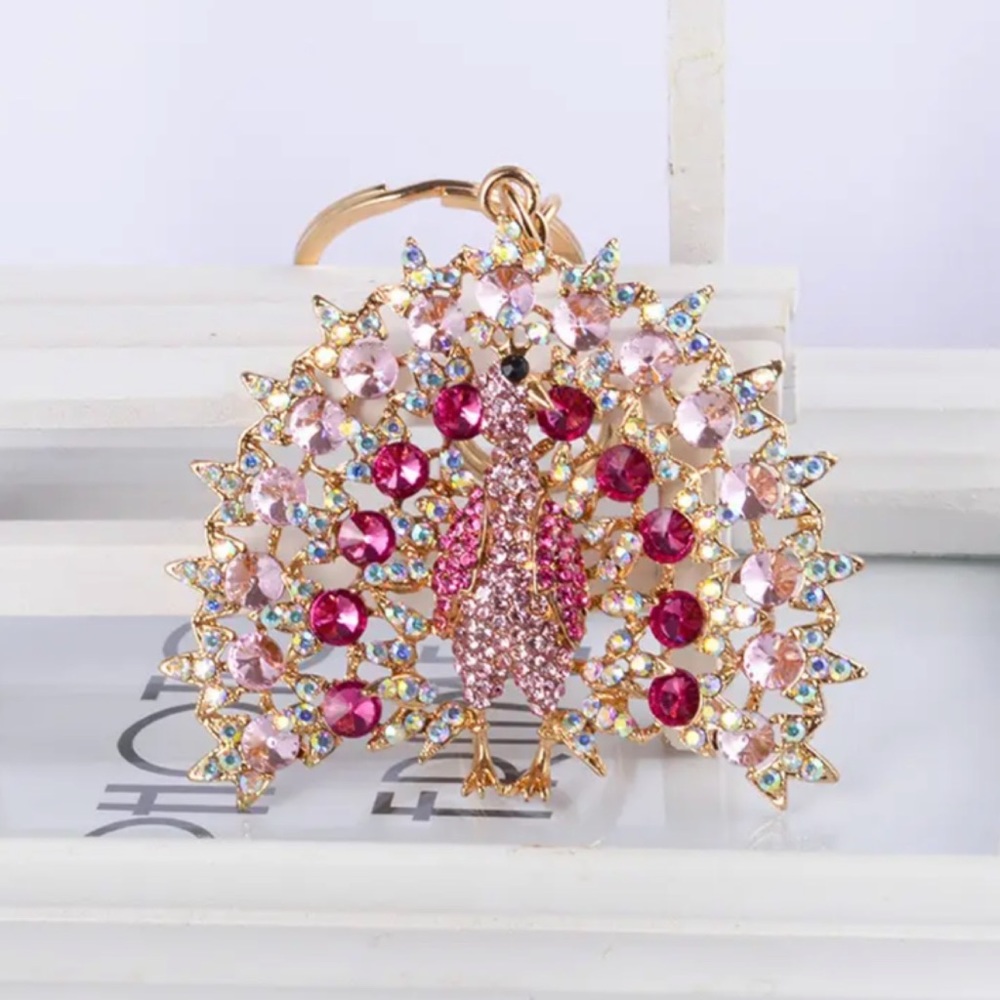 Beautiful Pink Crystal Peacock Keychain Charm - Picture 1 of 14